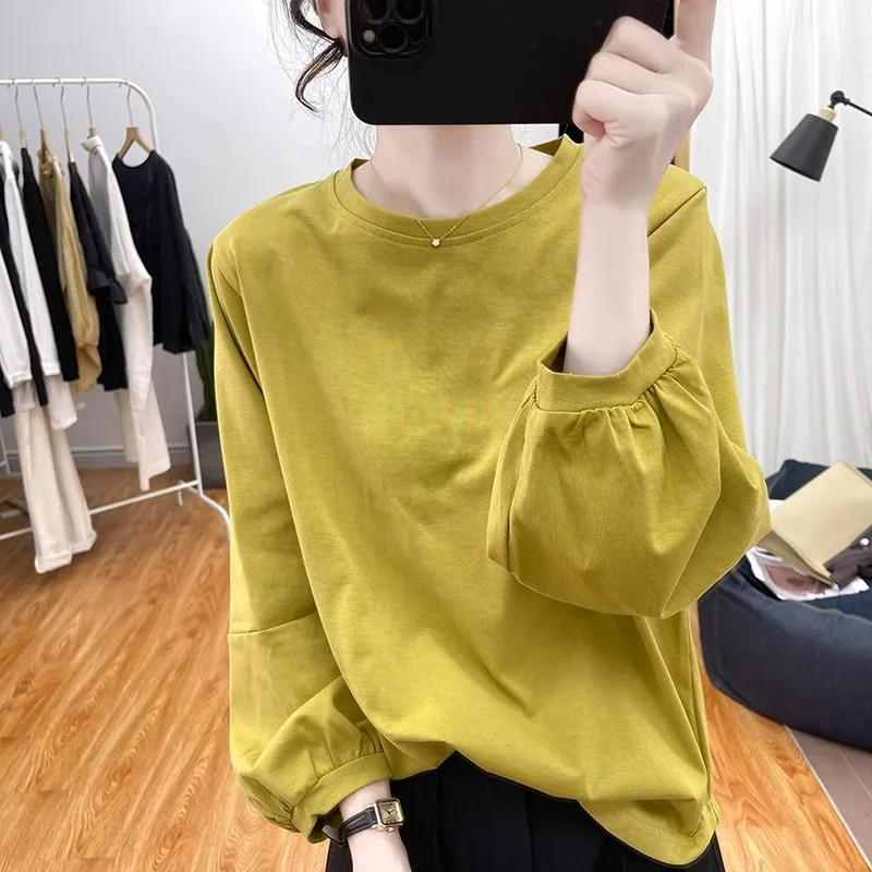 

Retro Korean Long Sleeve Lantern Sleeve T-Shirt Women Loose Anti-Aging Pleated Base Shirt Body Tee Top for Autumn Cotton Poly...