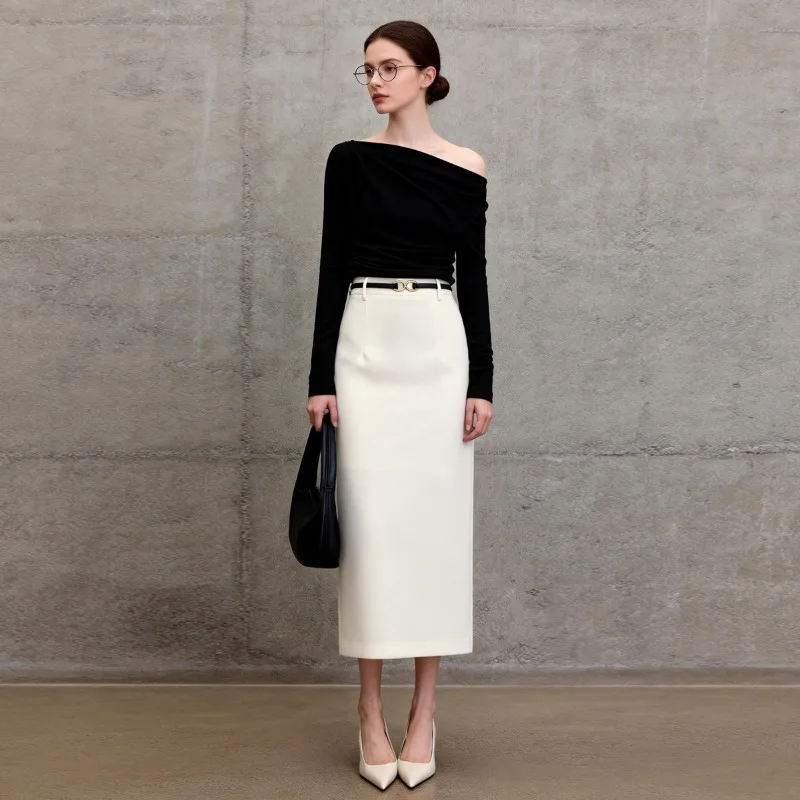 White Elegant High Waist Straight Midi Skirts Women 2026 New Black OL Ladies Jupe Femme