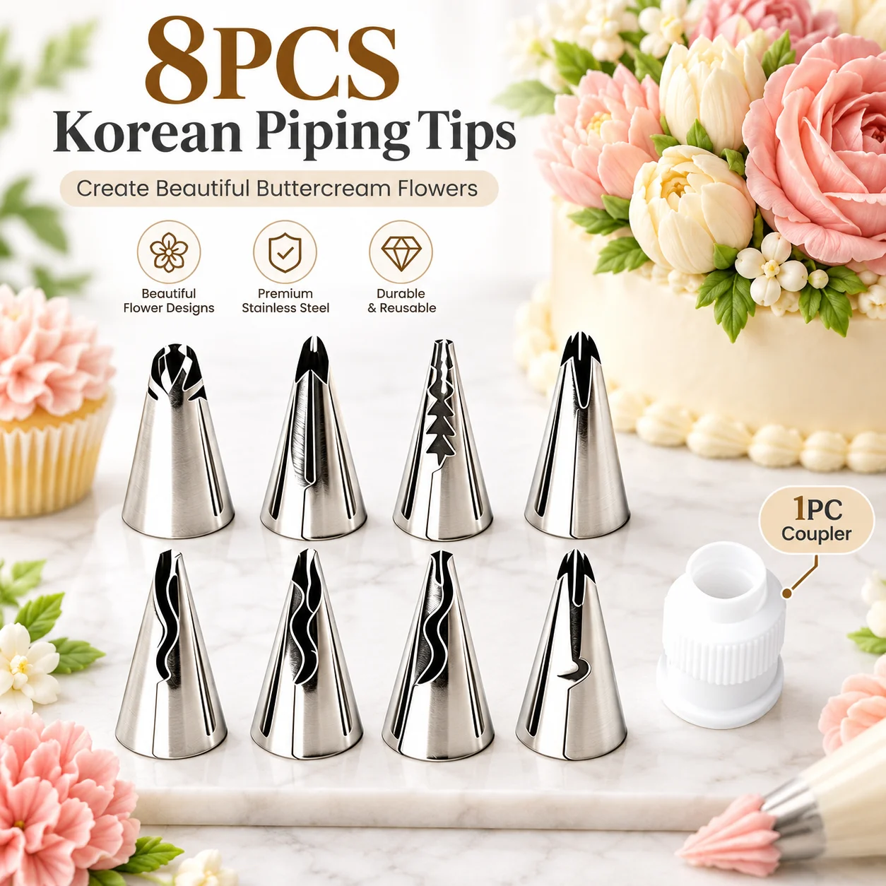 8PCS Korean Piping Tips Set Stainless Steel with 1PCS White Coupler for Cake Cupcake Icing Frosting Pastry Home DIY Baking Tools