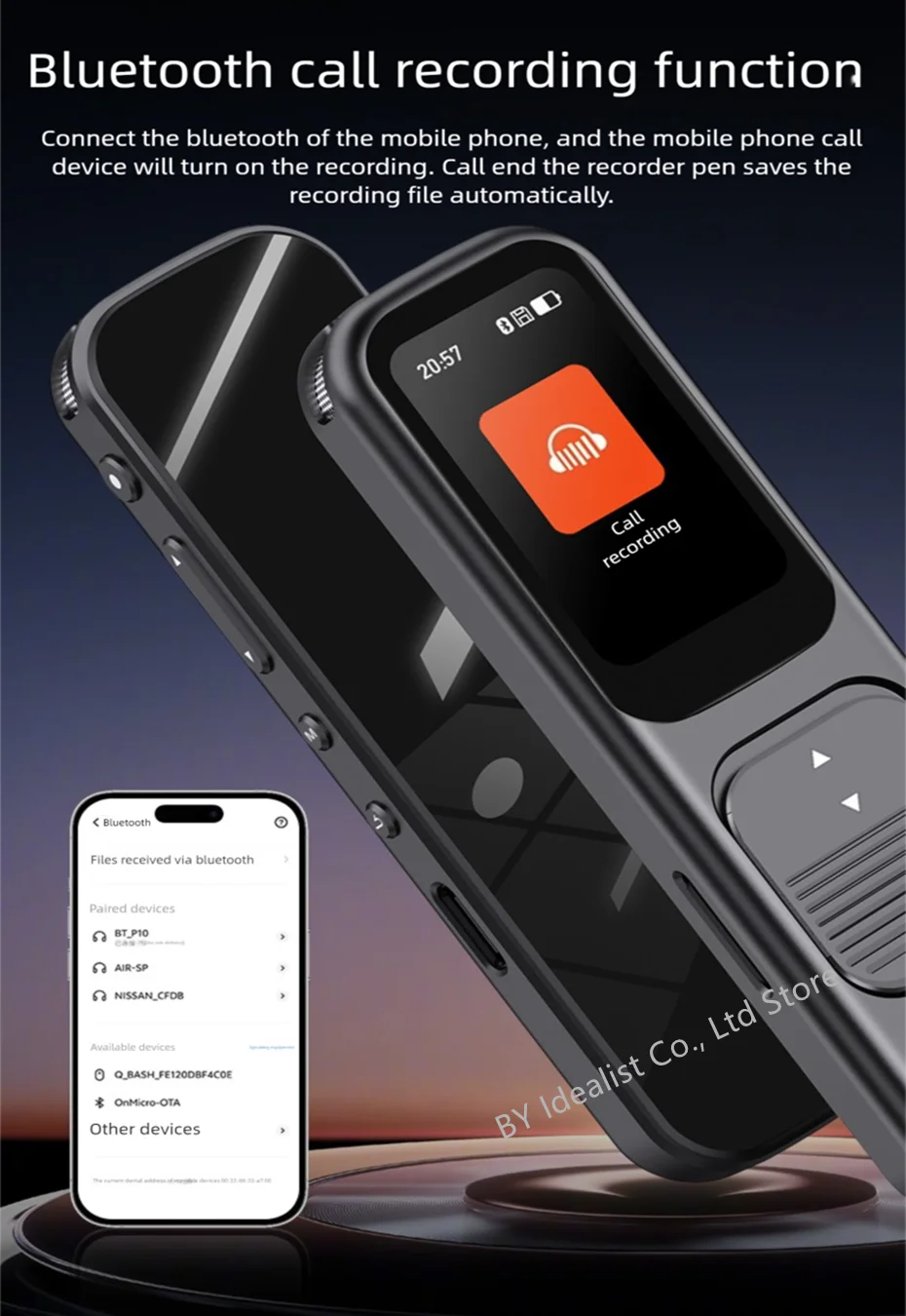 مسجل صوت رقمي 128 جيجابايت بلوتوث من الكلام إلى النص للحد من الضوضاء AB تكرار قلم تسجيل عالي الدقة مع تشغيل 8 جيجابايت مشغل MP3