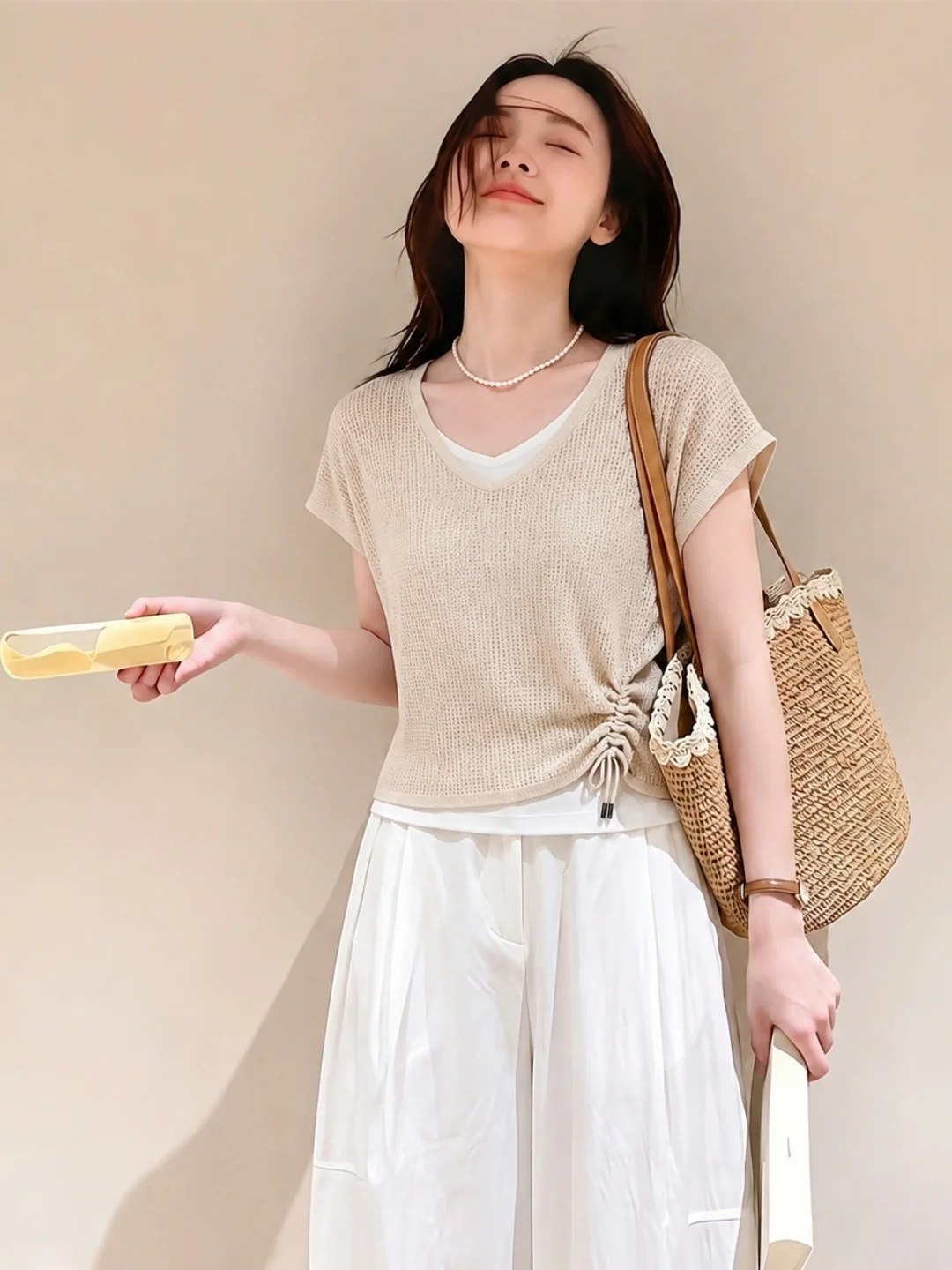French Style Loose Fit Ice Silk Knitted Top with Drawstring Color Block Soft Elegant Fashionable Women's Summer Sweater
