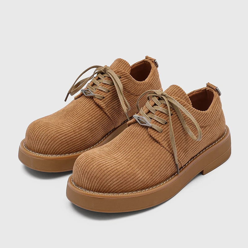 Retro Derby Men Shoes Niche Mickey Big Head Japanese Style Corduroy Thick Sole Height Increasing Fashionable Shoes