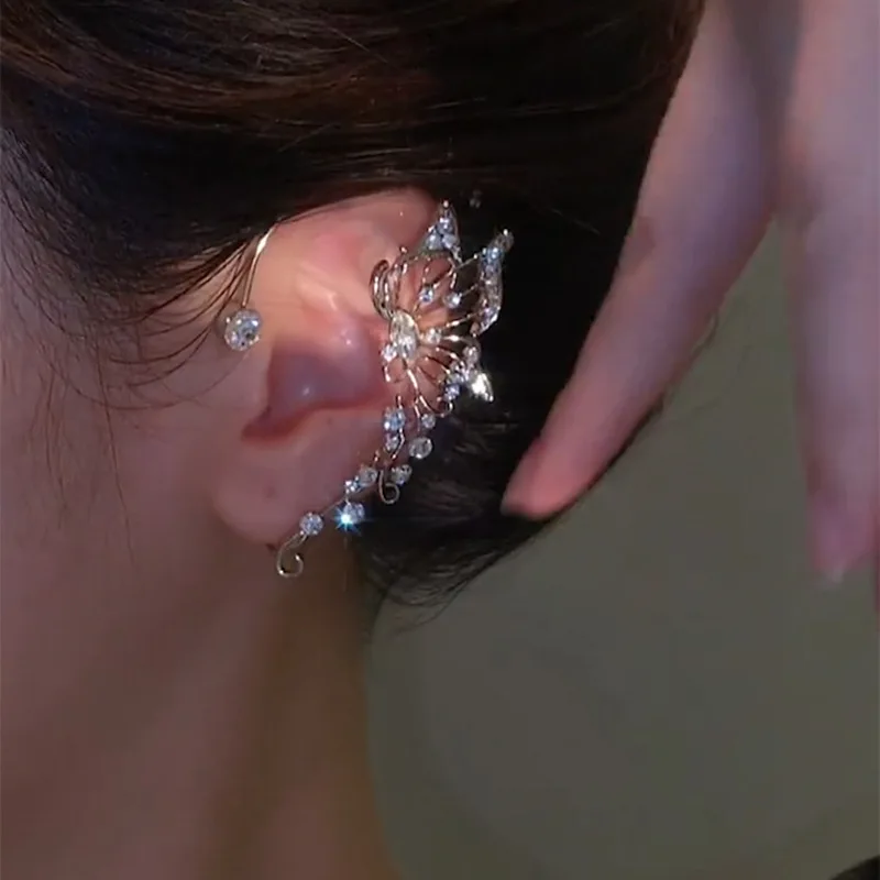 Pendientes de Clip de oreja de mariposa de elfo de cristal brillante a la moda sin Piercing Clip de oreja elegante