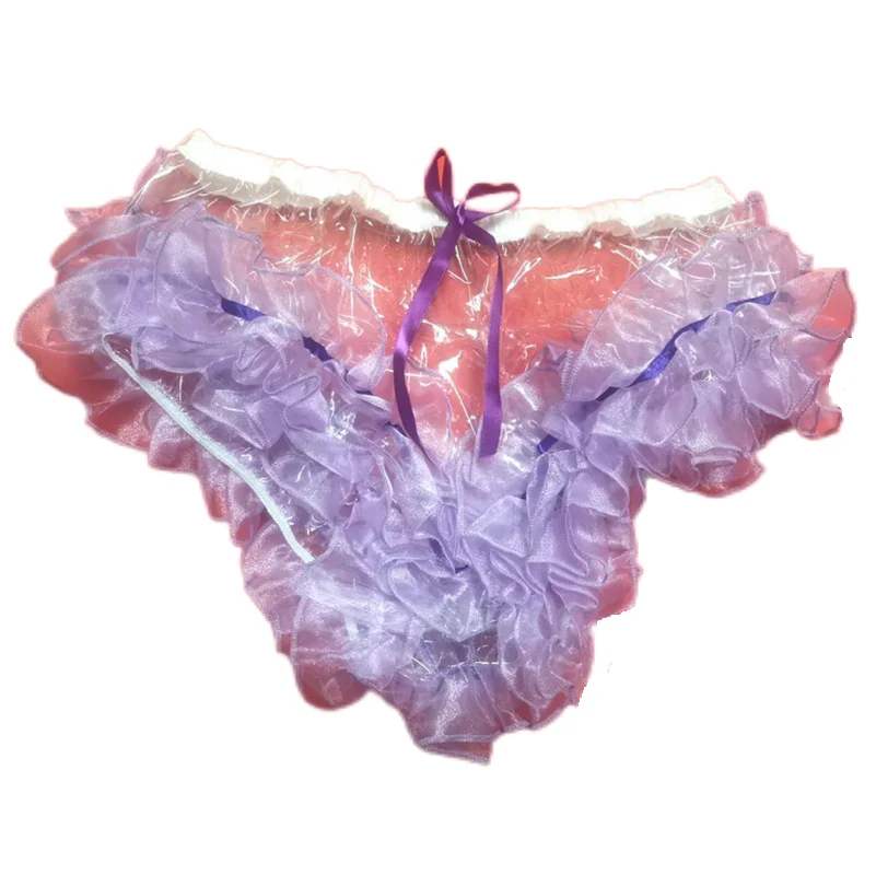 

French Sexy Adult Customized fetishist Crossdressing Sissy White Transparent PVC Splice Purple Yarn Elastic Waist Bow Decoration