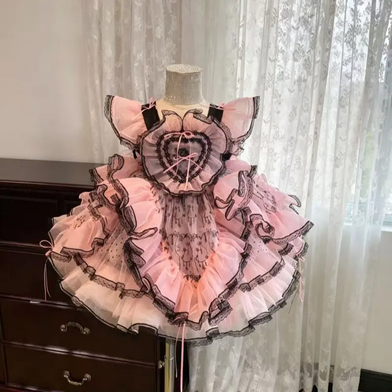 Mädchen Rosa-Schwarzes Herz-Spitzen-Lolita-Kleid, Kinder-Rüschenrock, ärmelloses süßes Prinzessinnenkleid für Geburtstagsfeiern und Fotoshootings – Detail 7