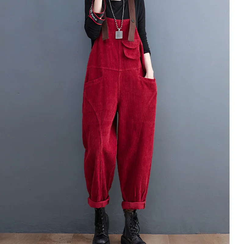 #2358 Autumn Winter Corduroy Jumpsuits Women Pockets Loose Rompers Womens Ladies Harem Overalls Long Jumpsuit Female Black Red