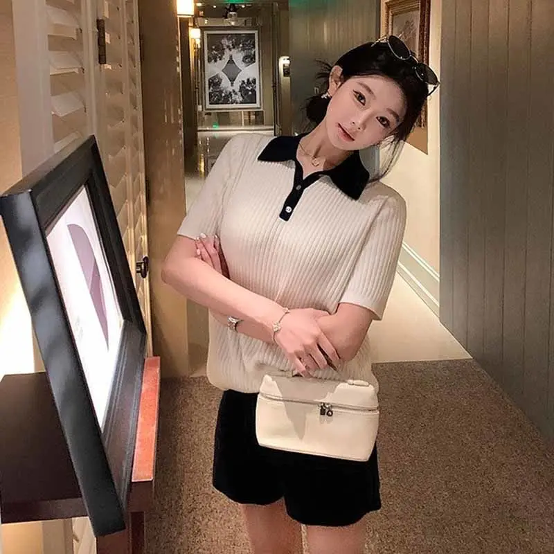 Preppy Tennisstijl Polo Gebreide Set Dames Zomer Cropped Top + Shorts Outfit Sportief Chic Tweedelige Y2K Vrijetijdskleding Hoge kwaliteit