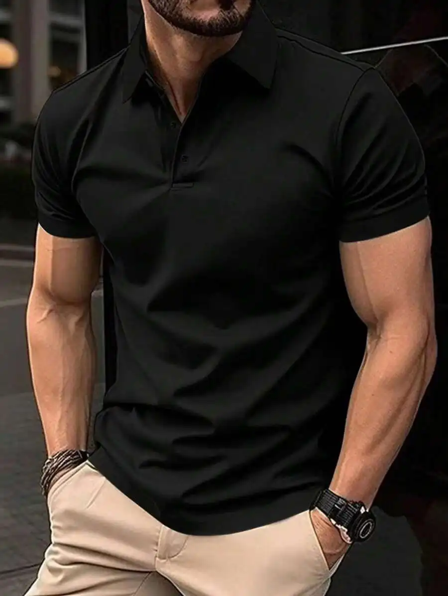 

Men's Solid Black Short Sleeve Casual Polo Shirt for Summer