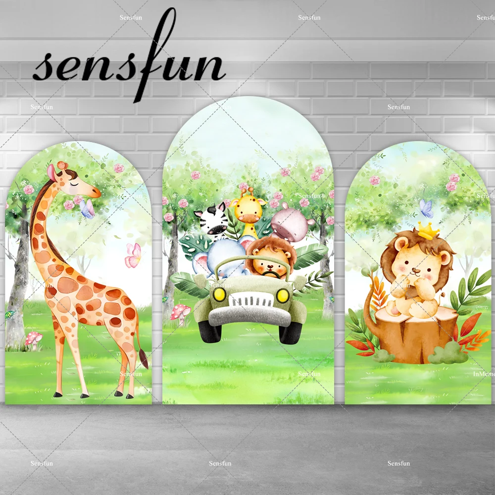Cartoon Tiere Fahren Auto Kinder Safari Dschungel Geburtstag Party Bogen Hintergrund Abdeckung Giraffe Zebra Löwe Wald Gewölbte Hintergründe