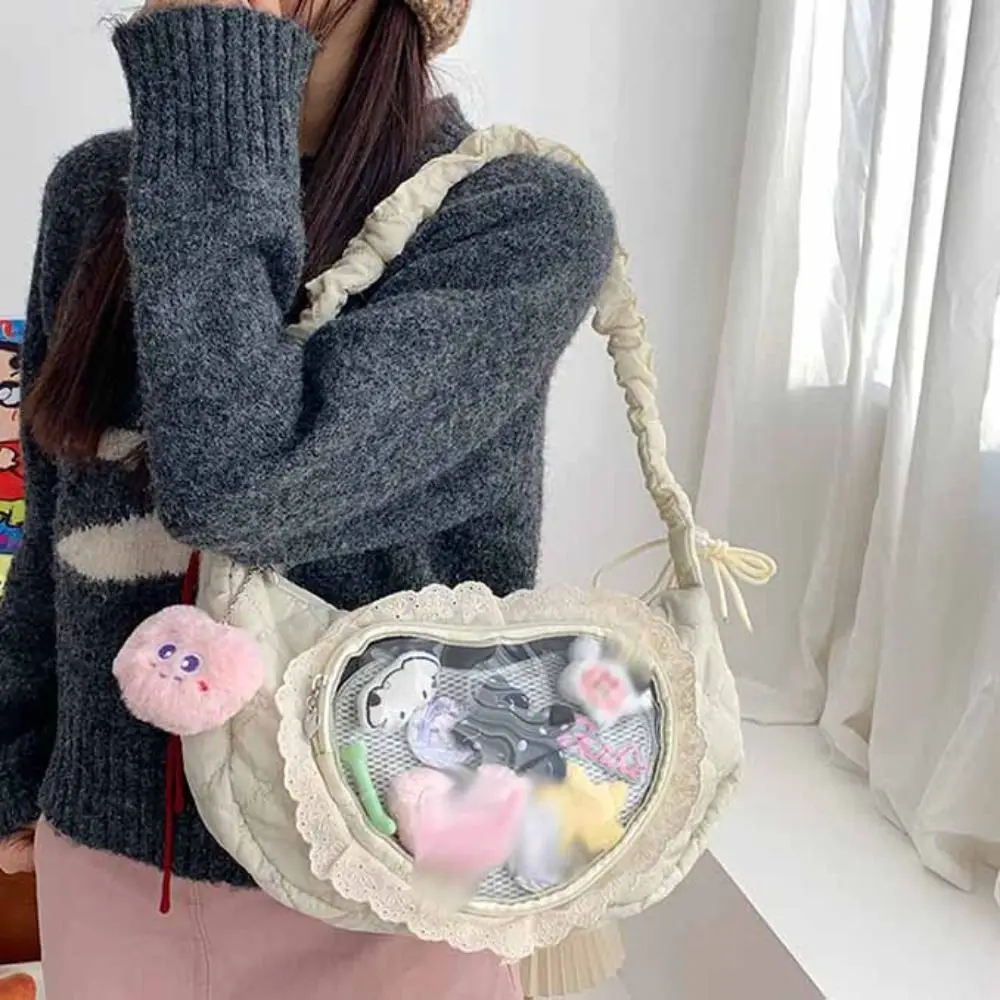 

Portable Zipper Bag Love Heart Lace Itabag Korean Style Preppy Style Space Cotton Transparent Bags Y2k Ox Cloth Shoulder Bag Men