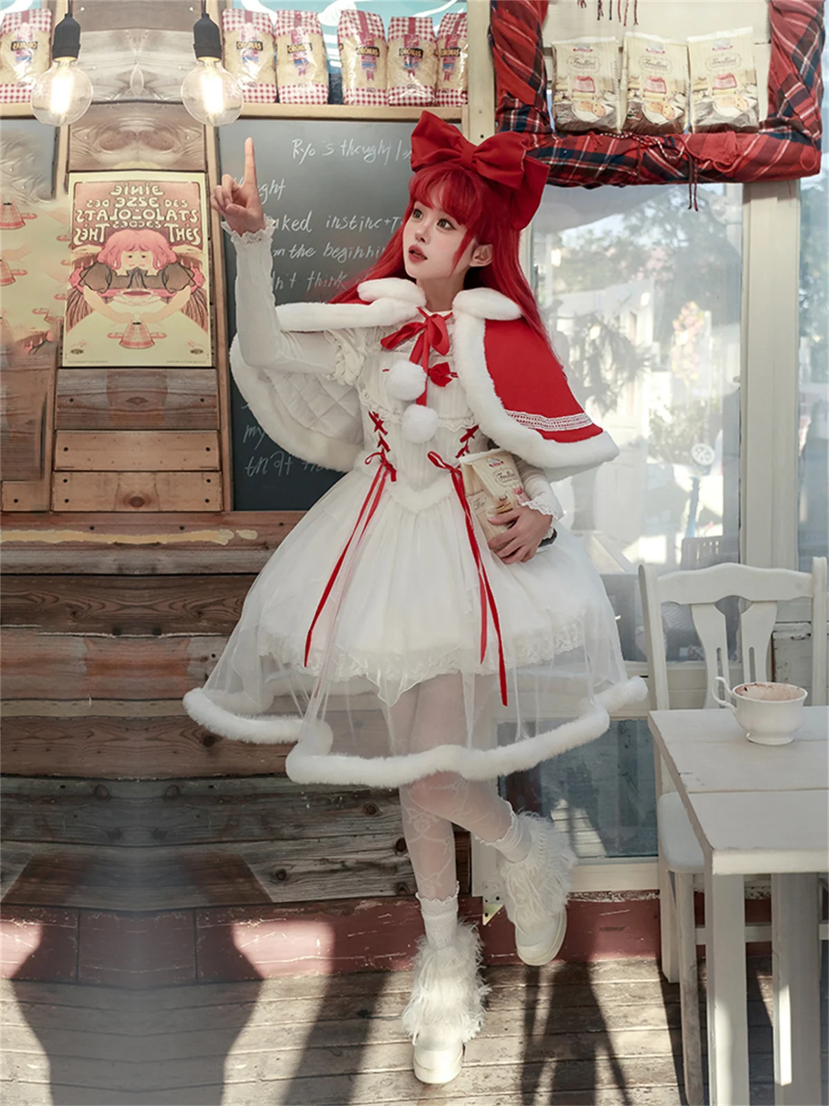 Franse Zoete Stijl Lolita Jsk Meisjes Cosplay Kerstpak Rood Lint Strik Kant Ruche Warm Haarbal Mantel Kawaii Pak