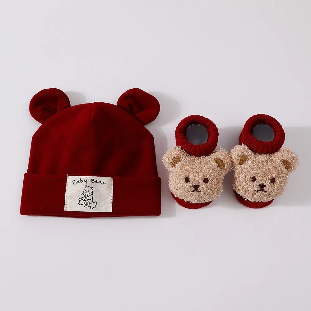Baby Hat Sock Set 2Pcs/Set Cute Cotton Set Warm Breathable Infant Cap Socks Pullover Cap Cartoon Baby Turban Sock Newborn Winter - view 2