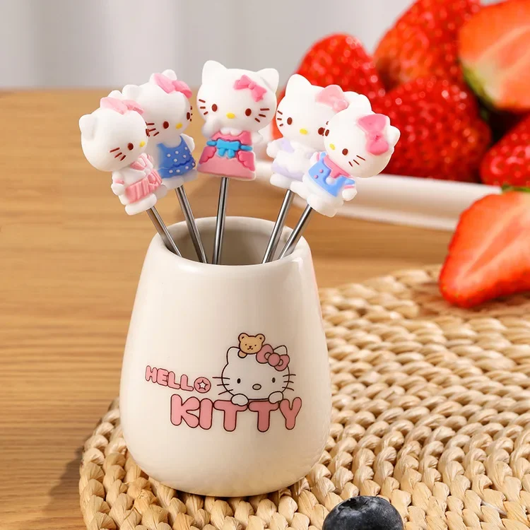 5pcs Hello Kitty Anime Figure Sanrio Cartoon Kids Fruit Forks Stainless Steel Dessert Party Fork Sets Kawaii Lunch Decoration