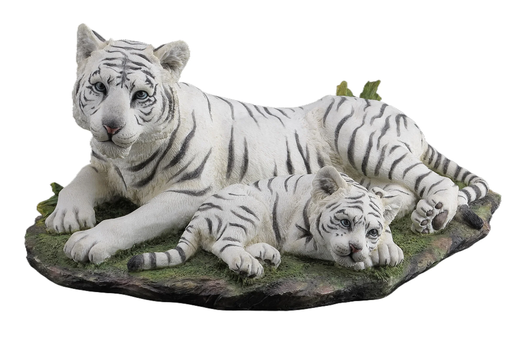 Lying White Tiger Mother and Cub Statue Realistic White Tiger Family Resin Sculpture Grass Rock Base Wild Animal Desktop Decor