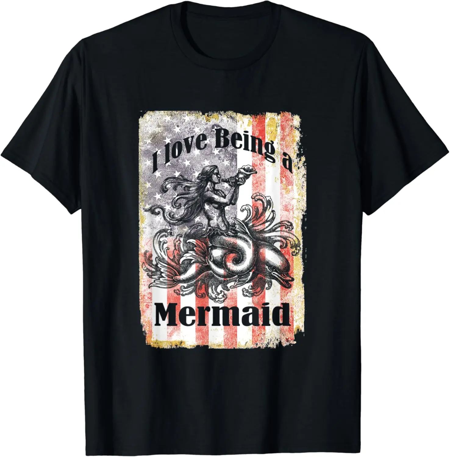 

Vintage American Flag USA Patriotic Mermaid 4th July T-Shirt