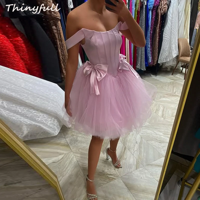 

Thinyfull A-line Satin/Tulle Short Prom Dress Off Shoulder Sleeveless Birthday Party Gowns 2025 Special Occasion Gown Customized