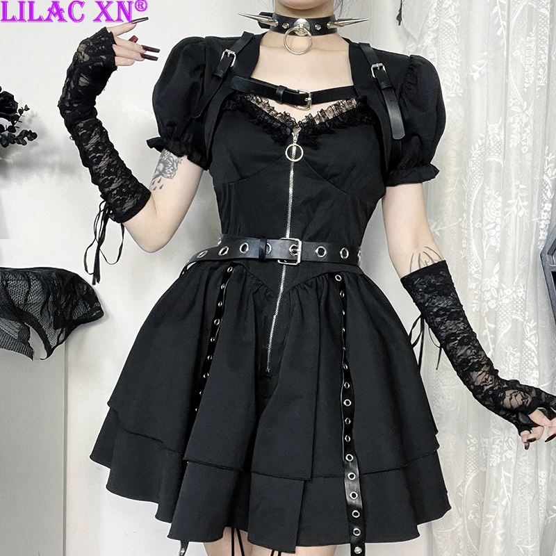 Y2K Goth Black Lace Trim A-Line Party Dresses Vintage Elegant Zipper Mini Dress Short Sleeve Smock Women New Fashion Dress