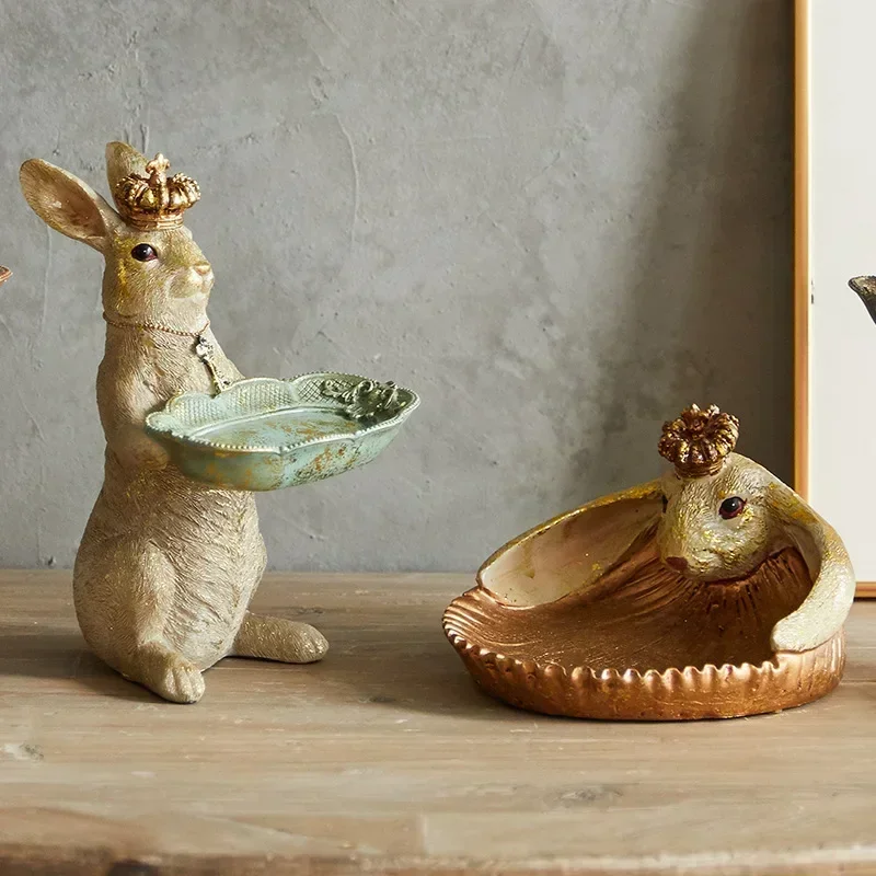 

American light luxury retro resin crown rabbit tray storage desktop ornaments home decoration fairy tale garden figurines crafts