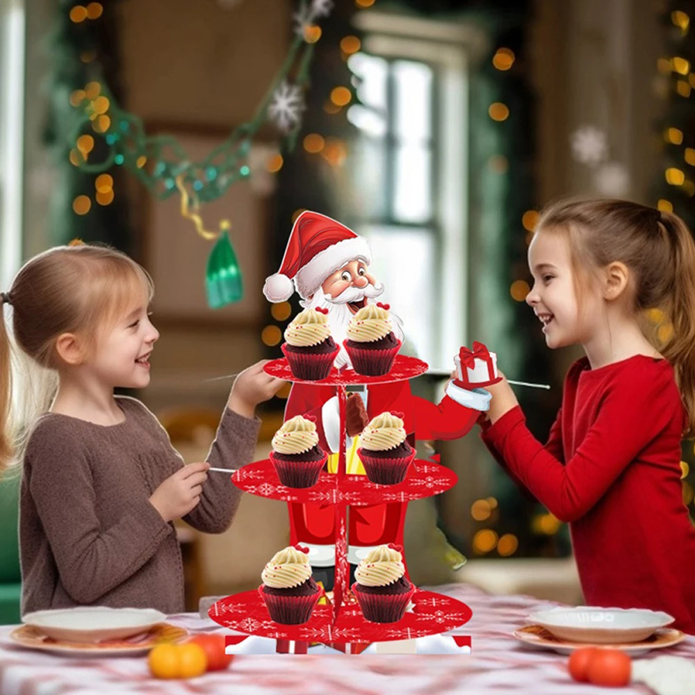 Soporte para cupcakes navideños de Papá Noel de 3 capas, torre de postre de cartón de Feliz Navidad utilizada para fiestas navideñas de invierno