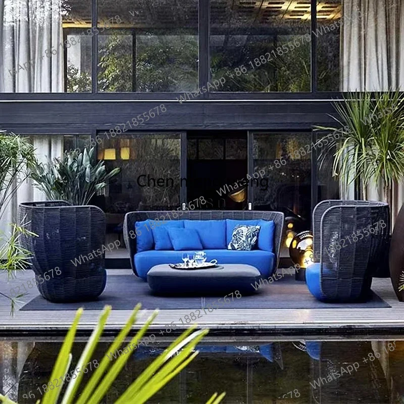 Hotel Poolside Leisure Modern Outdoor Teak Wood Woven Fire Pit Garden Sofa Set Rattan Aluminum Frame Rope Patio Furniture  A178