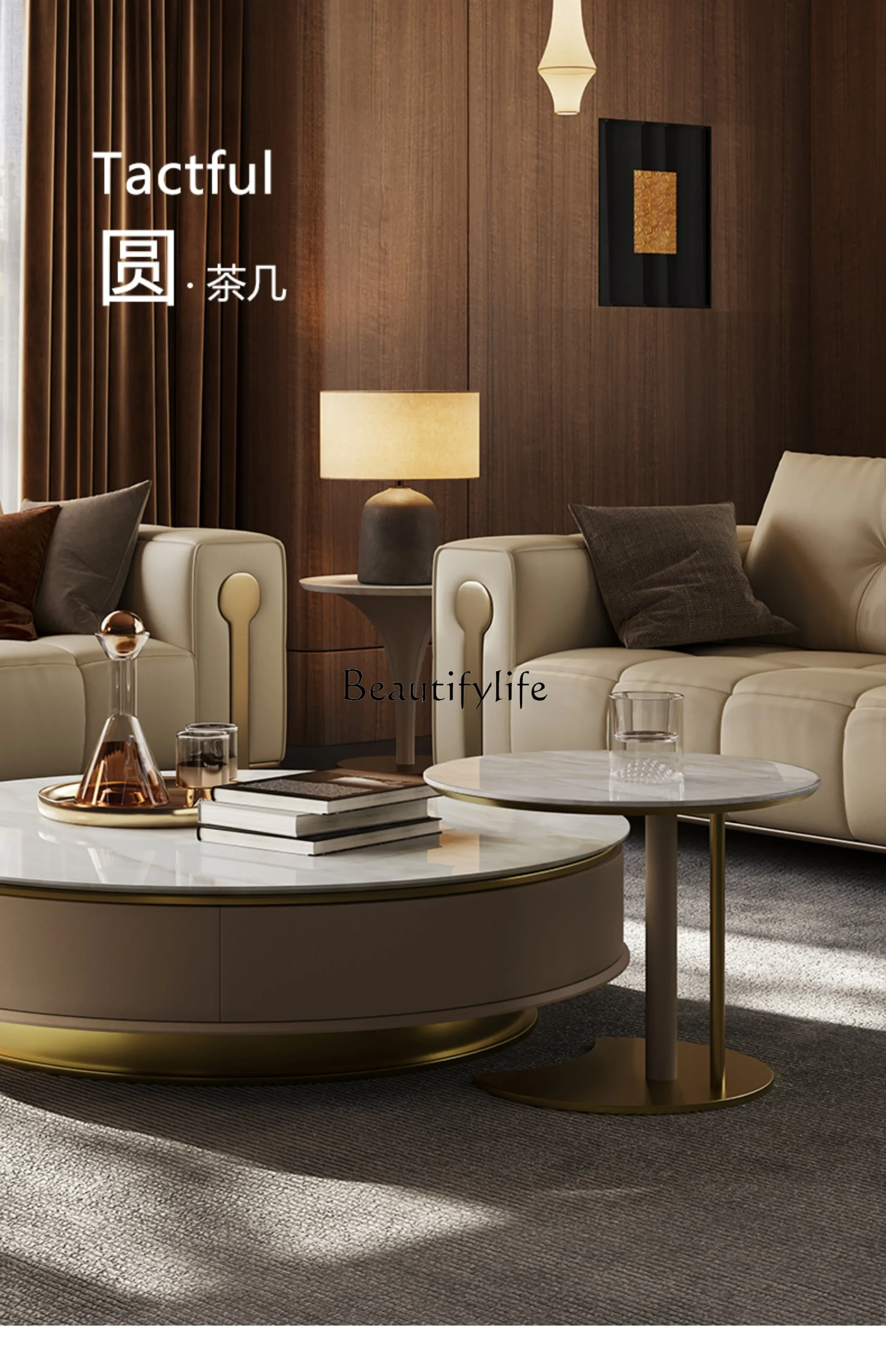 

yj5Modern Light Luxury Coffee Table Italian Style Round Coffee Table Marble