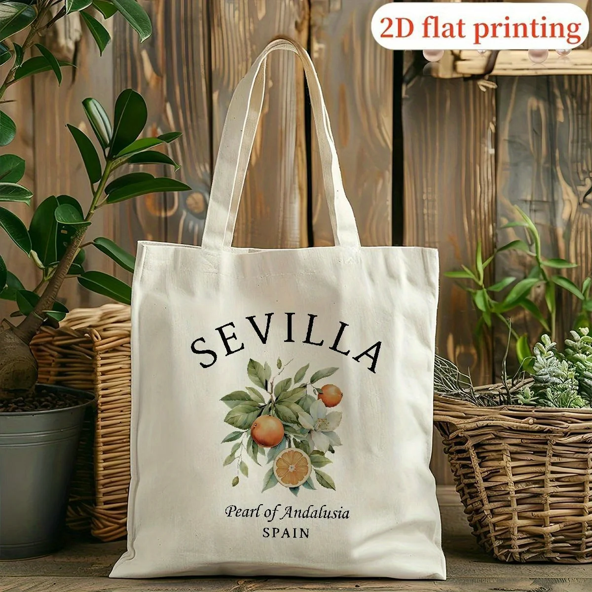 2D Flat, Sevilla Spain-Inspired Tote Bag - White Polyester Handbag with Black & Orange Print, Unisex Design for, Travel, Beach -