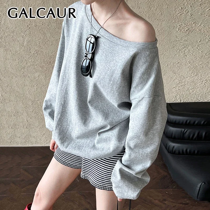 

GALCAUR Solid Loose Fashion Sweatshirt for Women Slash Neck Long Sleeve Off One Shoulder Hoodies Female Temperament Clothing