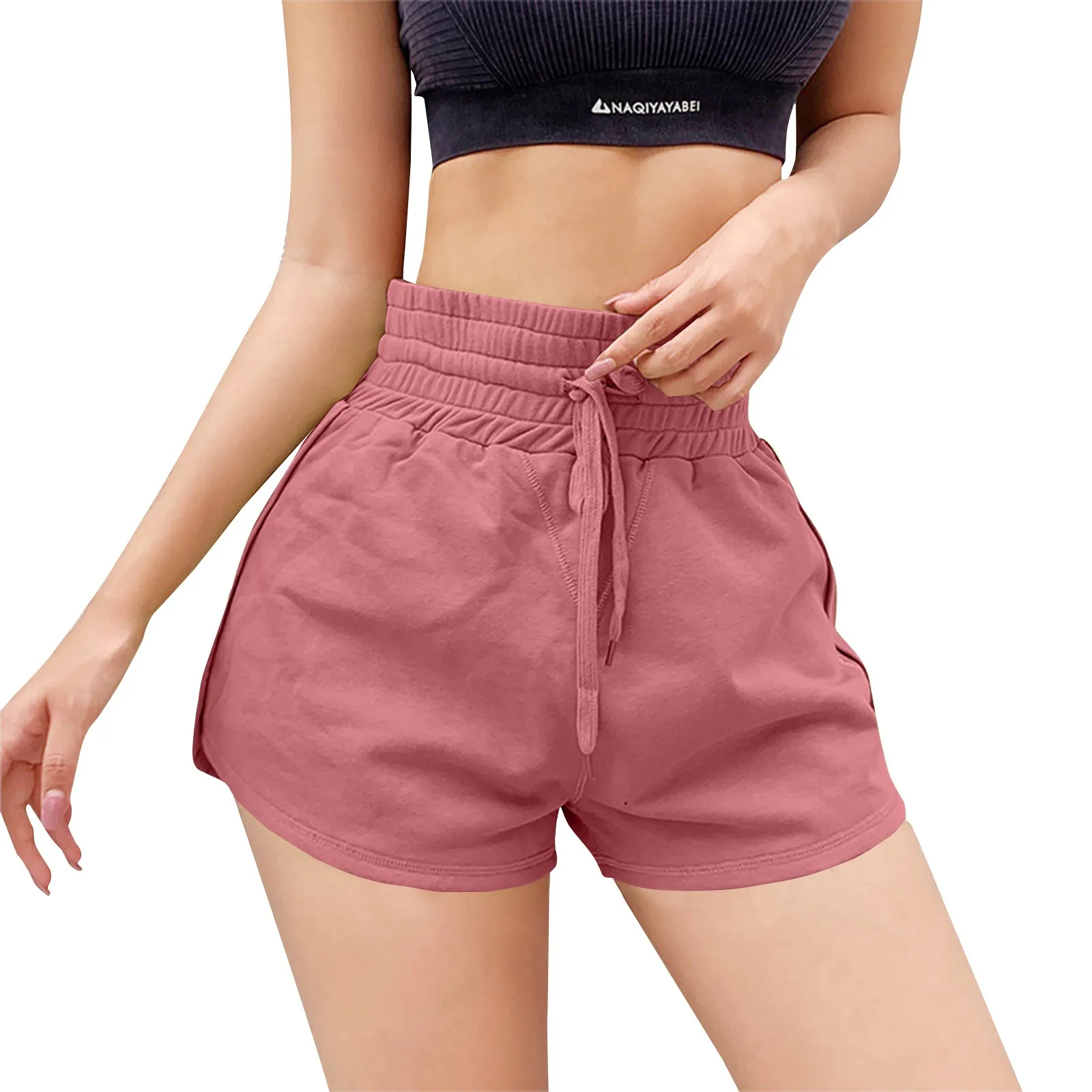 กางเกงขาสั้นแฟชั่นสตรีสตรีสีทึบฤดูร้อน LACE-Up กางเกงขาสั้น Quick DRY High เอว Double Layer Dance กางเกงโยคะ
