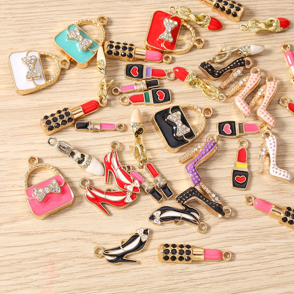 Tusember 10 Stück Niedliche Kristall-Lippenstift-, Handtaschen-, Schuh- und High-Heel-Anhänger für Halsketten, Ohrringe, Armbänder und Bastelarbeiten – Detail 3