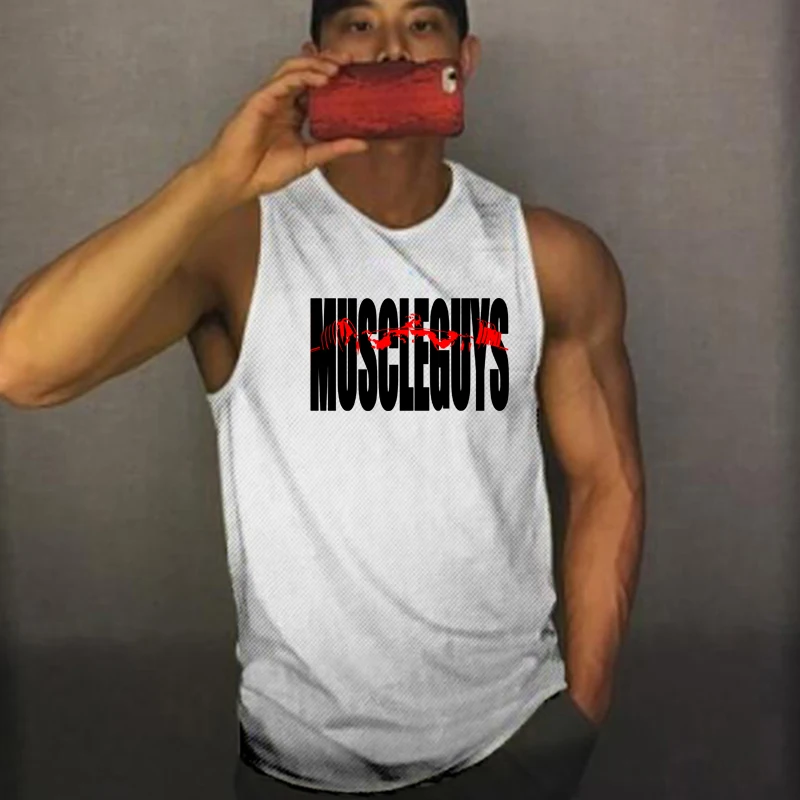 Gym Fitness Workout Muscle Singlets Summer Mesh Breathable Quick Dry Bodybuilding T-Shirts Mens Casual Sports Jogging Tank Tops