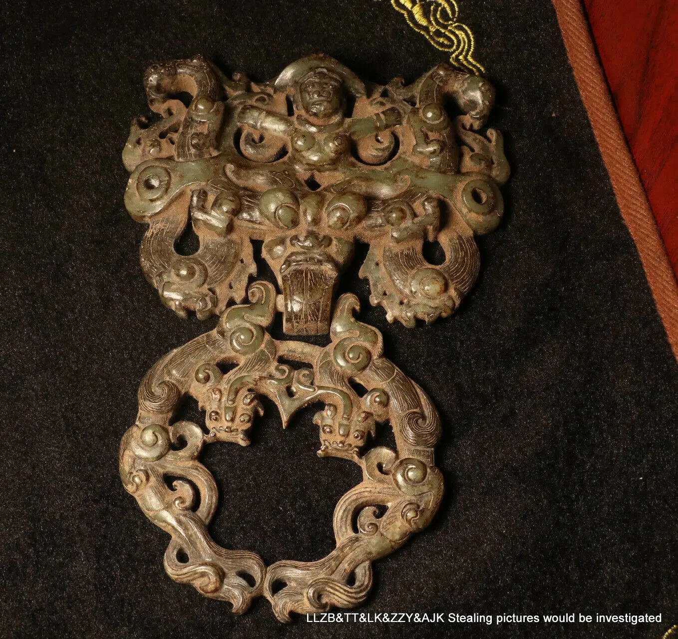 Chinese Antique Jade Dragon&Phoenix Ox Head God Figure Linking Door Hoop Carving LzK Timestown 20201126A