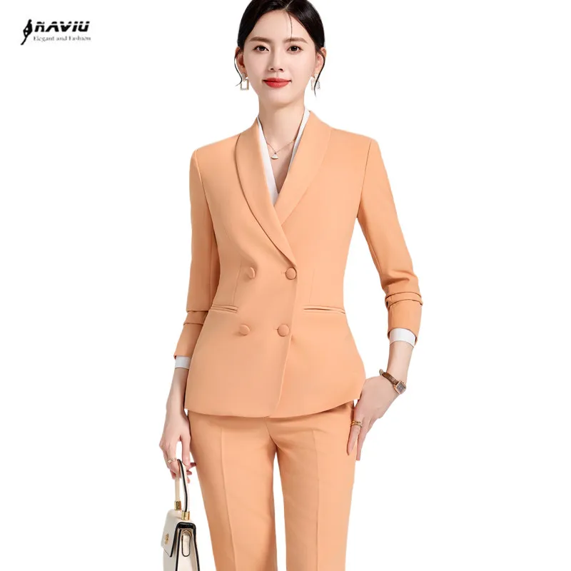 NAVIU Double Breasted Suits Women 2024 New Fashion Office Ladies Notched Blazer and Pants Casual Long Sleeve Slim Chic Work Wear