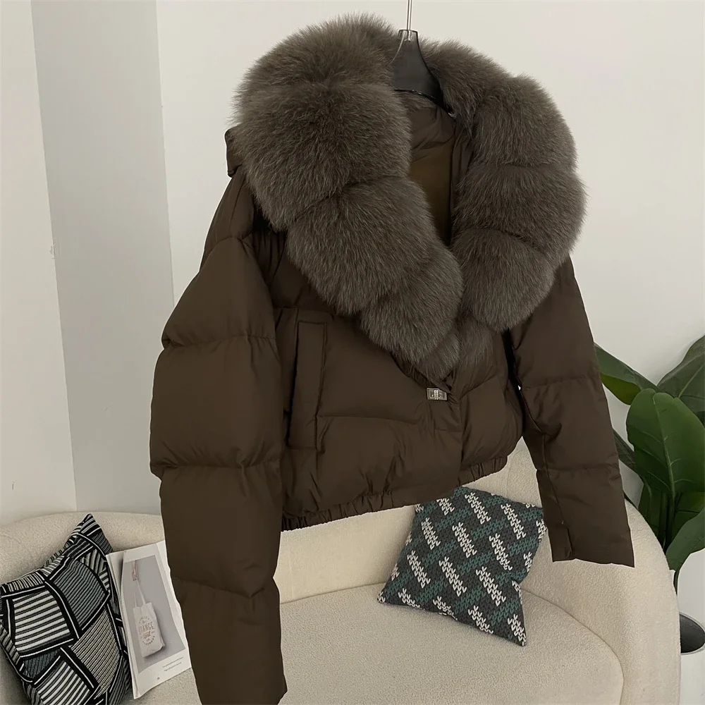 MENINA New Winter Jacket Women Big Real Fox Fur Collar Natural Thick Warm Duck Down Coat Short Outerwear Streetwear Loose Casual