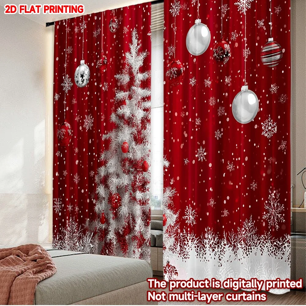 2D-Flachdruck, 2 Stück, Frohe Weihnachten, Vorhänge, Weihnachten, weißer Baum, digital bedruckte Polyester-Vorhänge, Geburtstagsfeier für den Urlaub