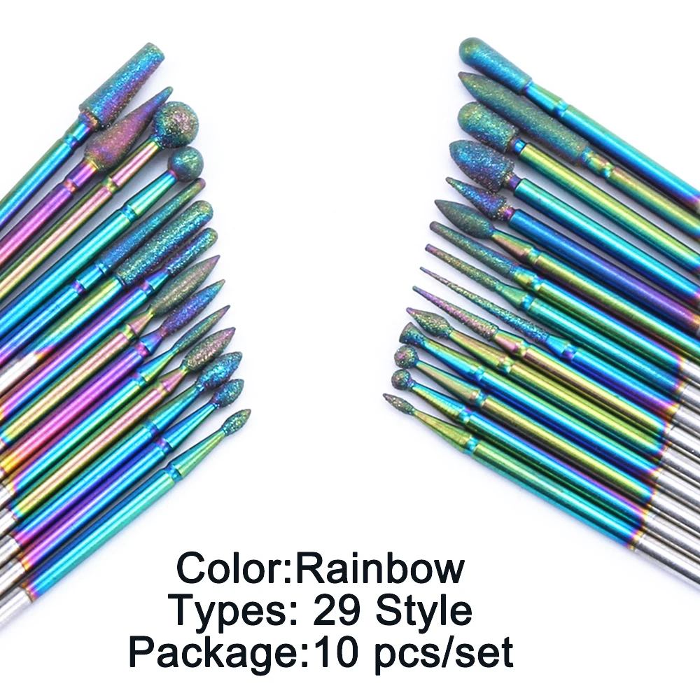 10 stks Rainbow Diamond Burr Frees Nail Boren Set Coating Carbide Cuticle Clean voor Elektrische Manicure Pedicure