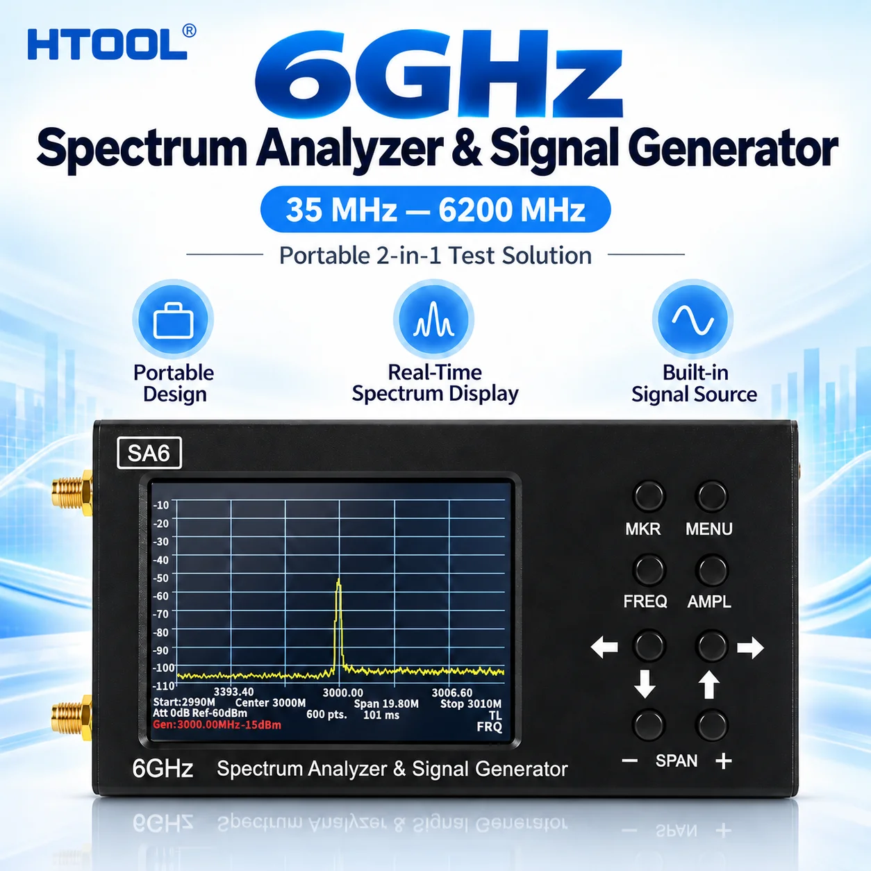 SA6 6GHz Spectrum Analyzer 35-6200MHz Signal Generator Portable 3.2 Inch Touched Screen Multifunctional Wireless Tester LTE GPRS