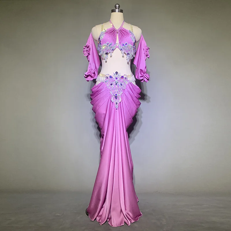 

Костюм для танца живота для женщин, бюстгальтер для пожилых людей на заказ + длинная юбка с рыбьим хвостом, 2 предмета, костюм для поп-песен, наряд для восточных танцев