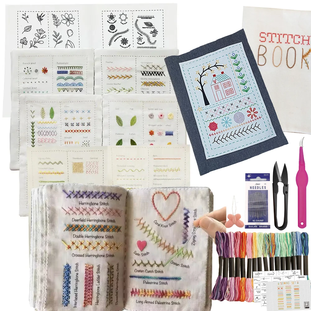 Libro de puntada de bordado hecho a mano de 6 páginas, manualidades para principiantes, Kit de costura de instrucciones de libros de costura DIY con tutorias paso a paso