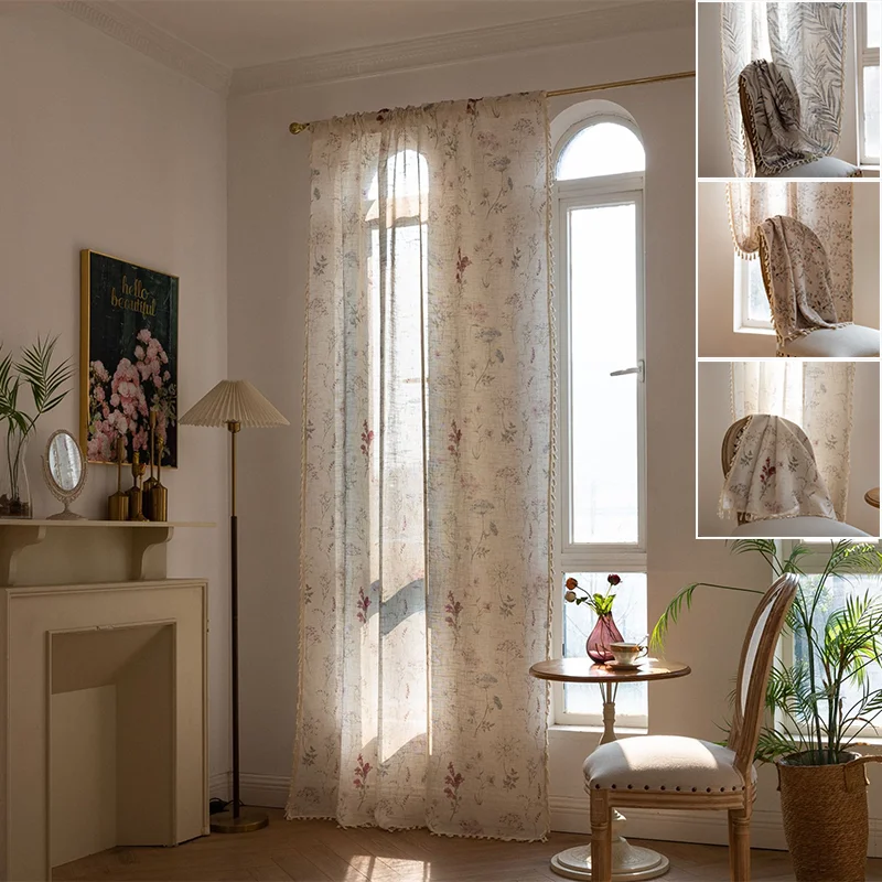 1 Panel French Retro Floral Semi-Blackout Curtain No Drill Sun Protection Curtain for Bedroom Kitchen Floating Window Decoration