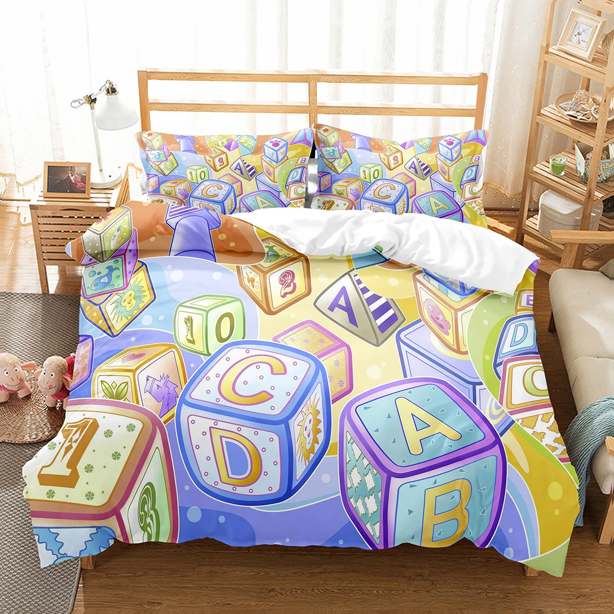 Alphabet Duvet Cover Set Colourful Letter Pattern Polyester Comforter Cover King Queen Full Size For Kids Boys Girls Bedding Set
