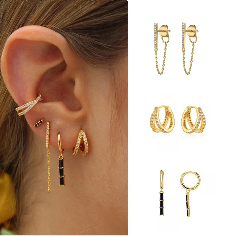 1 Pair Geometric Strip Zircon European Stud Earrings Link Chain for Women Ear Jewelry Pendientes Brincos Aretes