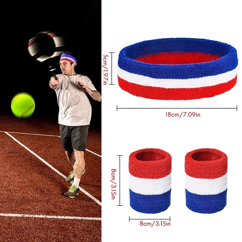 Striped Sweatbands Set,Including Sports Headbands And Wristbands Cotton Sweat Band American Flag Style For Men Women