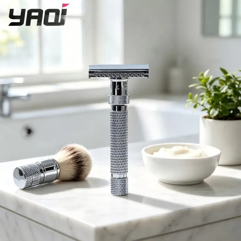 YAQI Men's Adjustable Safety Razor Double Edge Chrome Finish Settings Knurled Non-Slip Handle Wet Shave