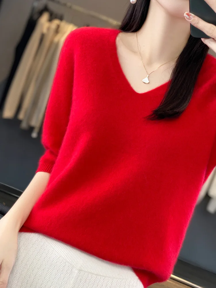 Aliselect Manga Curta Mulheres Camisolas De Malha 100% Pure Merino Lã Cashmere Primavera Moda V-Neck Top Pullover Roupas