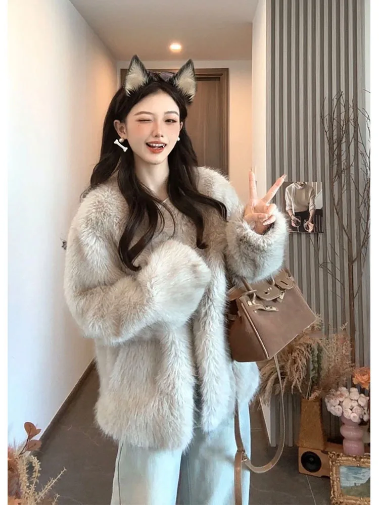 

Reatic Fur Coat Women's Thiened Inteated Fur Plu Winter Coat Double-sided Design V-Ne Long Sve Korean Sle