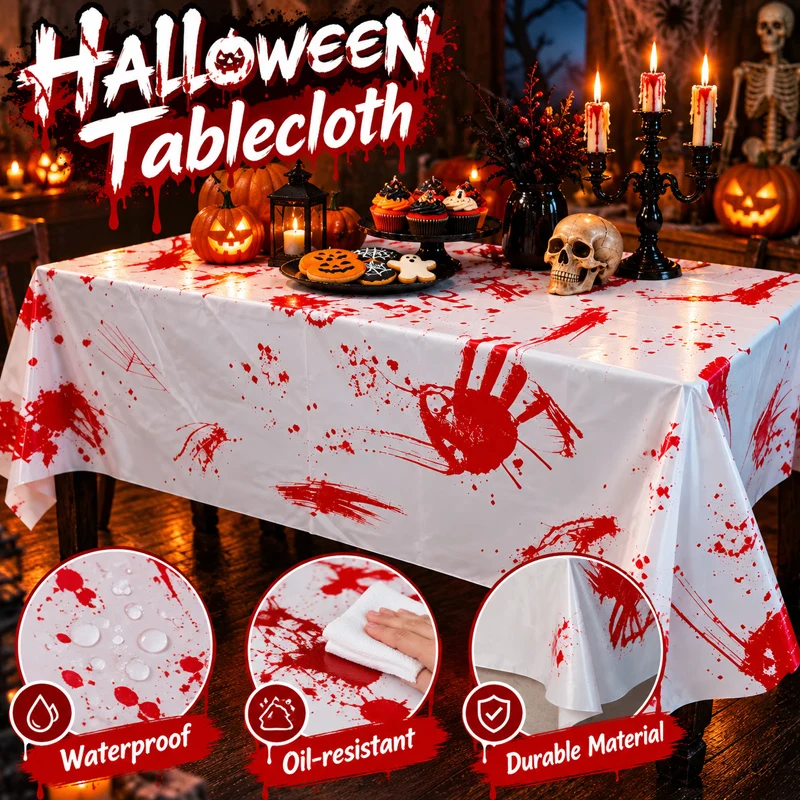 Halloween Bloody Handprint Party Tablecloth Disposable Oil-Proof Waterproof Table Cover for Spooky Decorations Horror Party