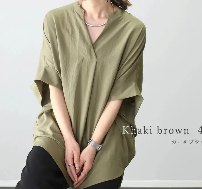 Летние модные женские повседневные однотонные свободные шифоновые рубашки с v-образным вырезом и короткими рукавами в японском корейском стиле, женская одежда