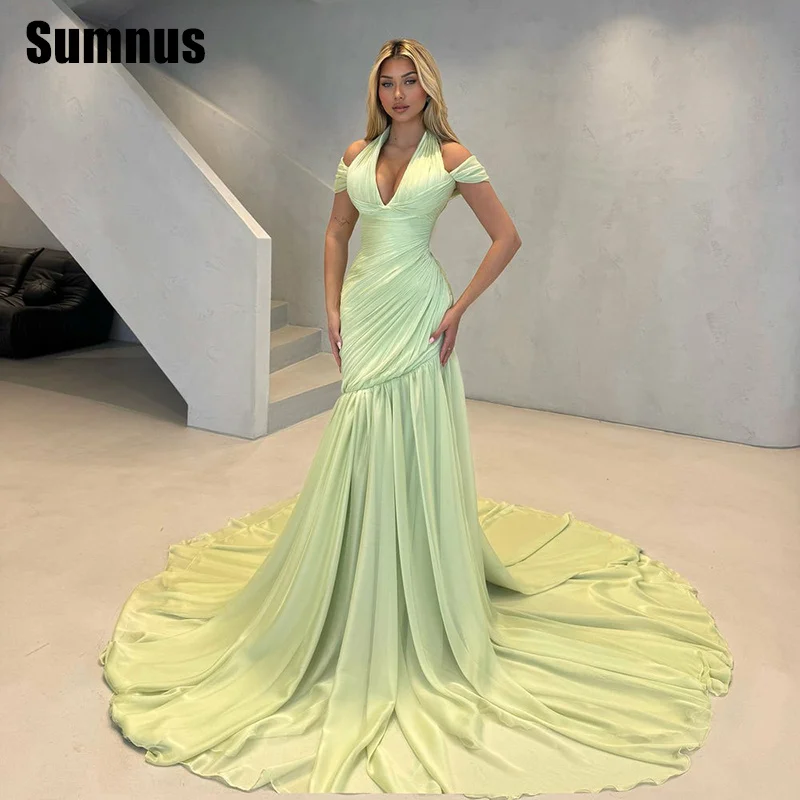 

Sumnus Elegant Mermaid Evening Dresses Halter Pleats Draped With Train Formal Dresses Gala فساتين سهرة Customized