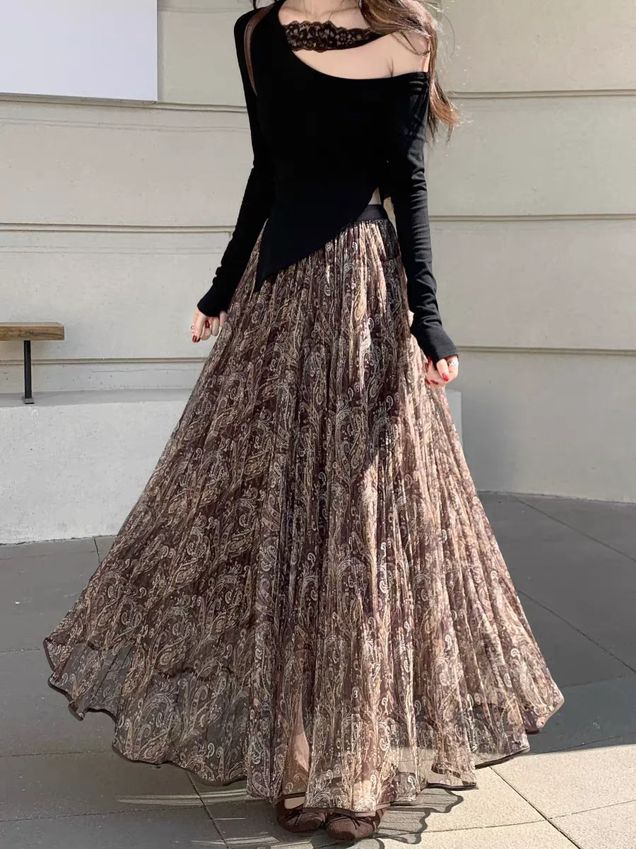 

Boho Maxi Skirt with Floral Print & Sheer Mesh Draped A-Line Skirts For Women, Flowy Wide Hem for Spring Summer Vacation