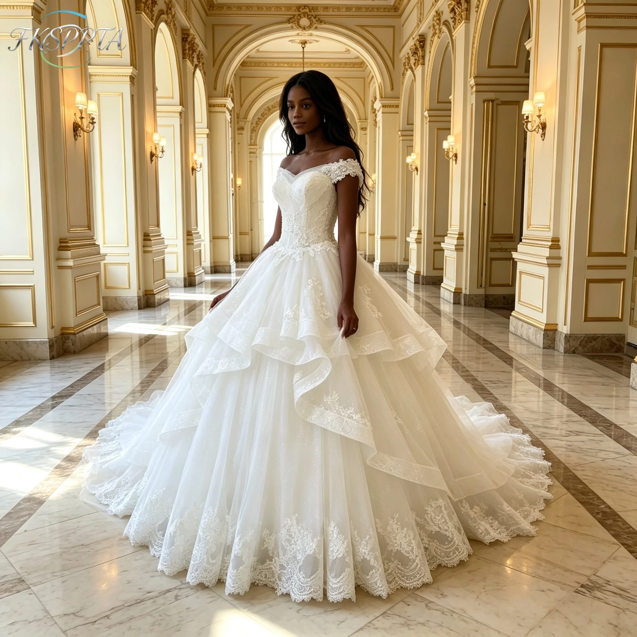 Custom Made Ball Gown Wedding Dress Tiered Tulle Corset Back Off The Shoulder Black Bride Wedding Gowns Plus Size Vestido Noiva